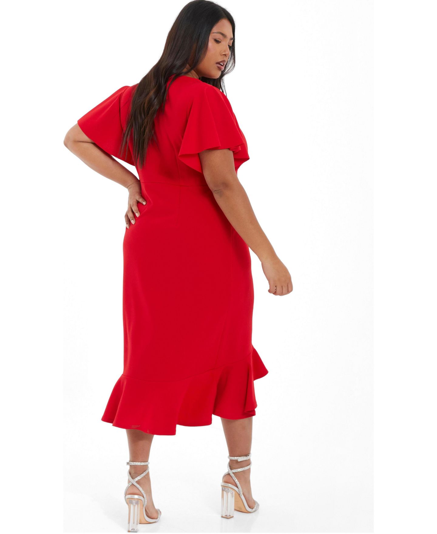 Женское платье QUIZ Plus Size Scuba Crepe V-Neck Frill Midi, цвет: Красный — фото 2