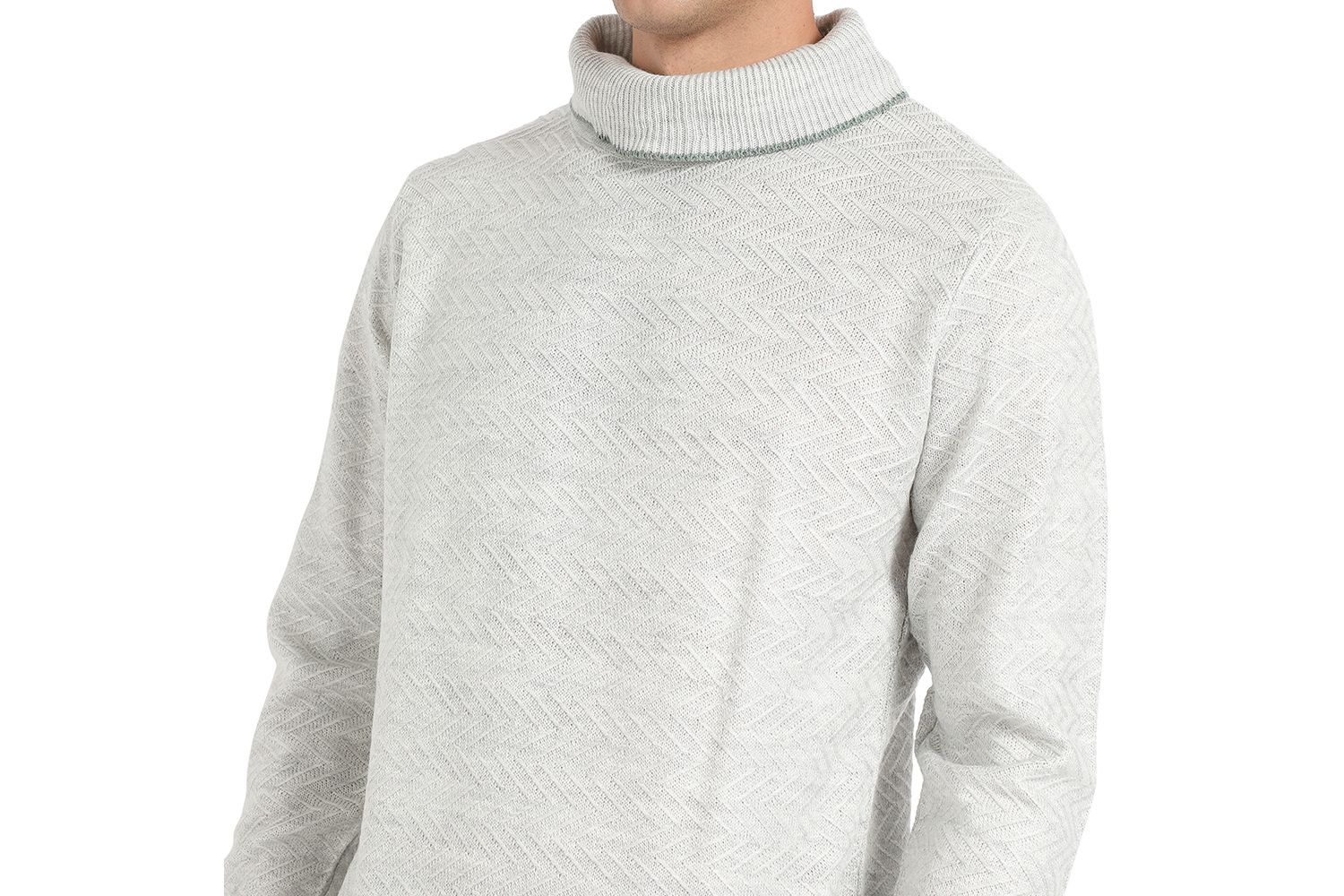 Men's Light Grey Herringbone Textured Pullover Sweater