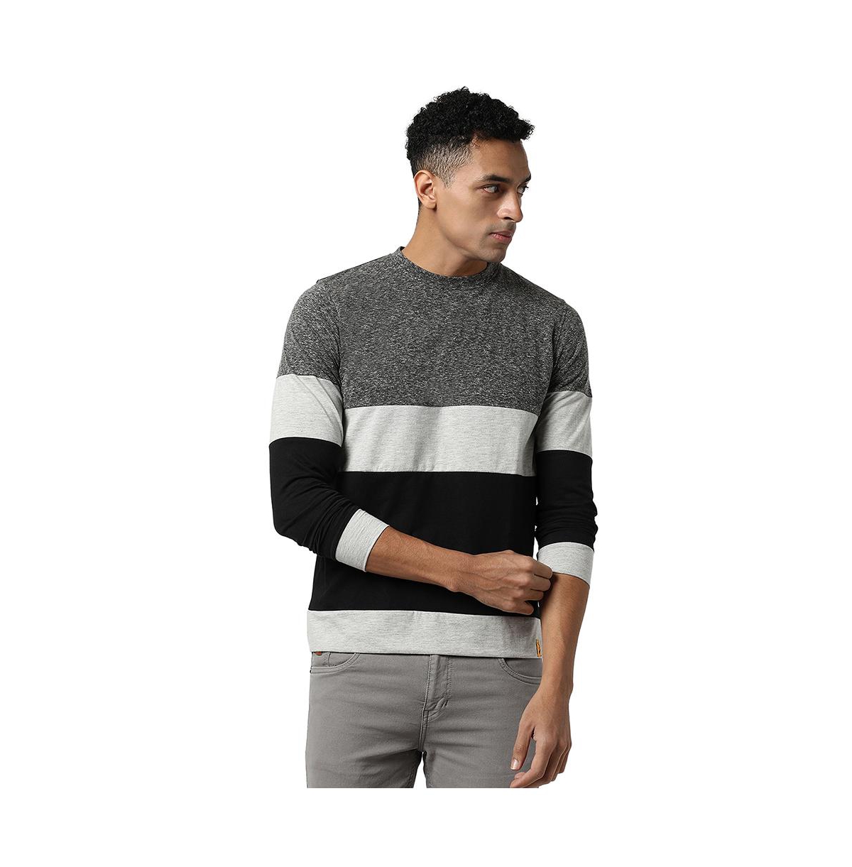 Men's Black & Grey Heathered Horizontal Striped T-Shirt - Multicolor