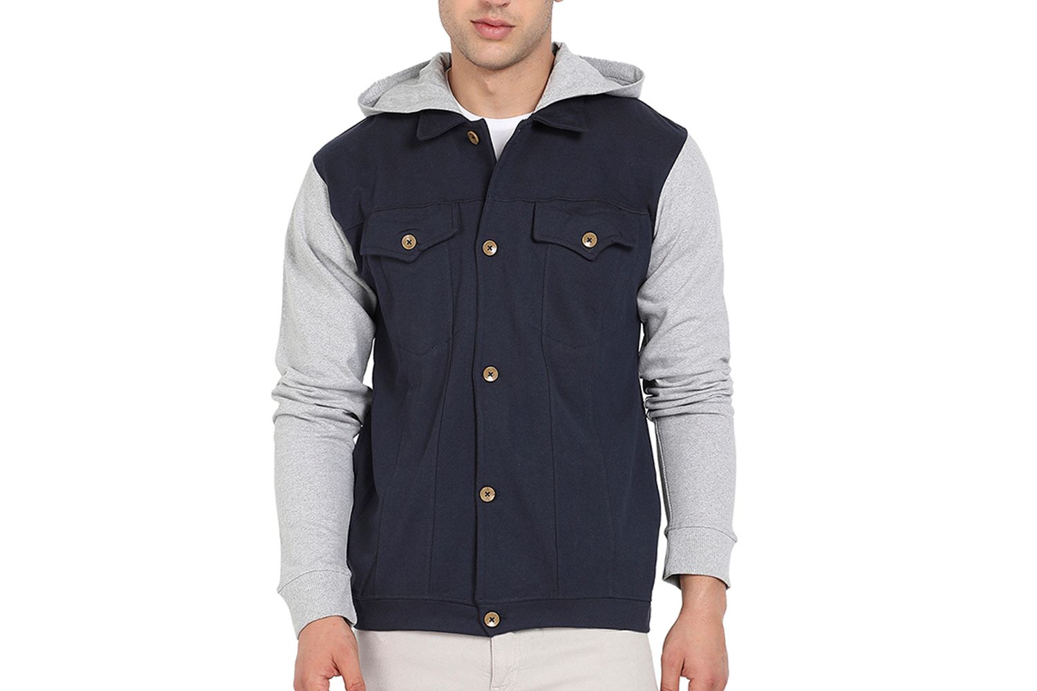 Men's Grey and Navy Blue Button-Front Jacket With Contrast Detail