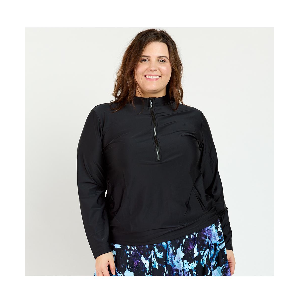 Women's Plus Size Half-Zip Nora Swim Top - Beach bliss - black