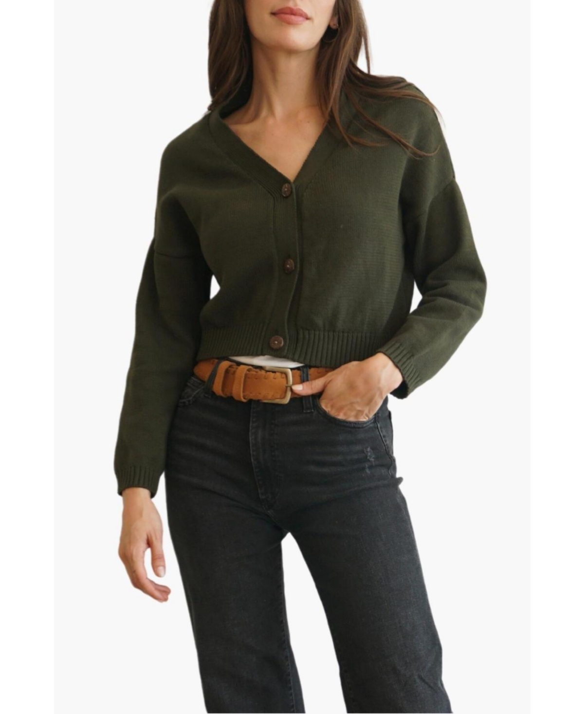 Women's Cotton Diana Crop Cardigan Sweater - Forest green
