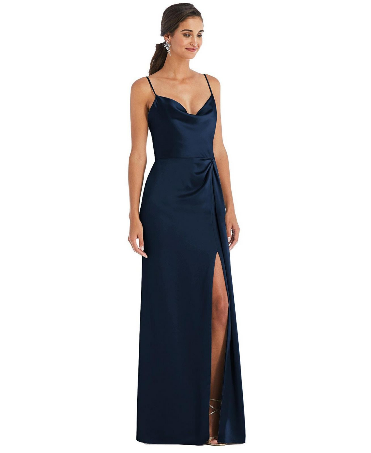 Women's Cowl-Neck Draped Wrap Maxi Dress with Front Slit - Midnight navy