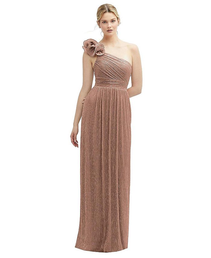 After Six Dramatic Ruffle Edge One Shoulder Metallic Pleated Maxi