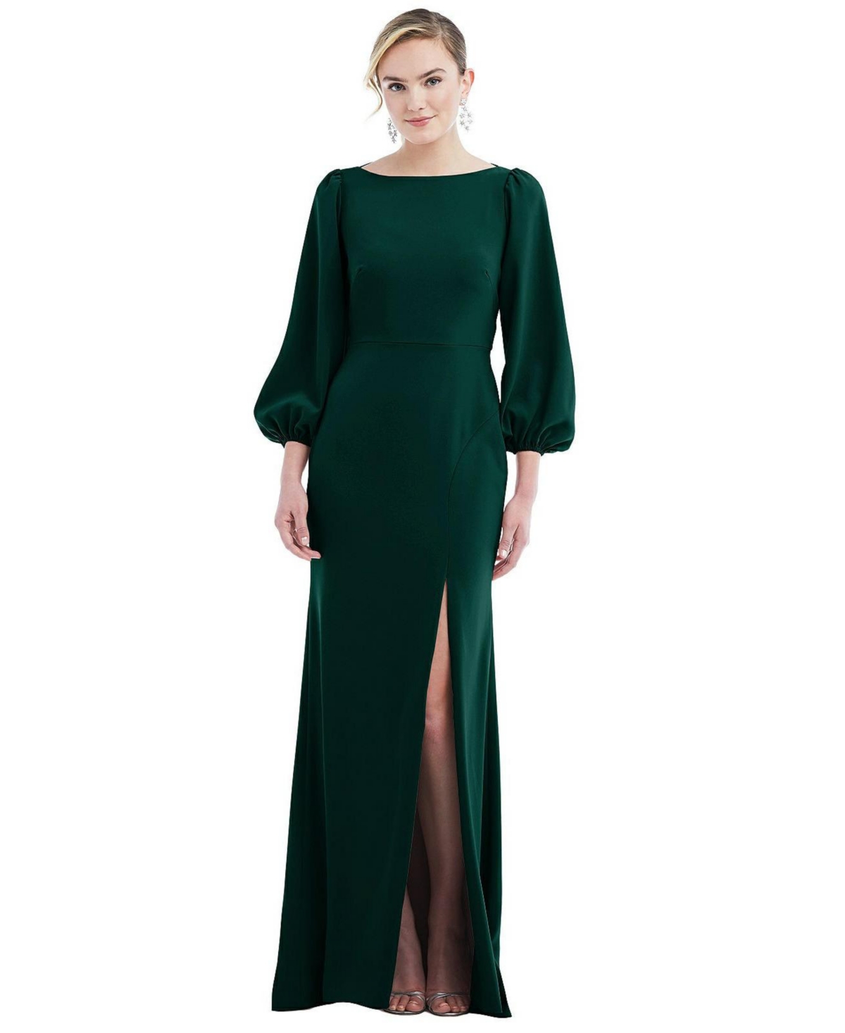 Womens Bishop Sleeve Open-Back Trumpet Gown with Scarf Tie - Evergreen