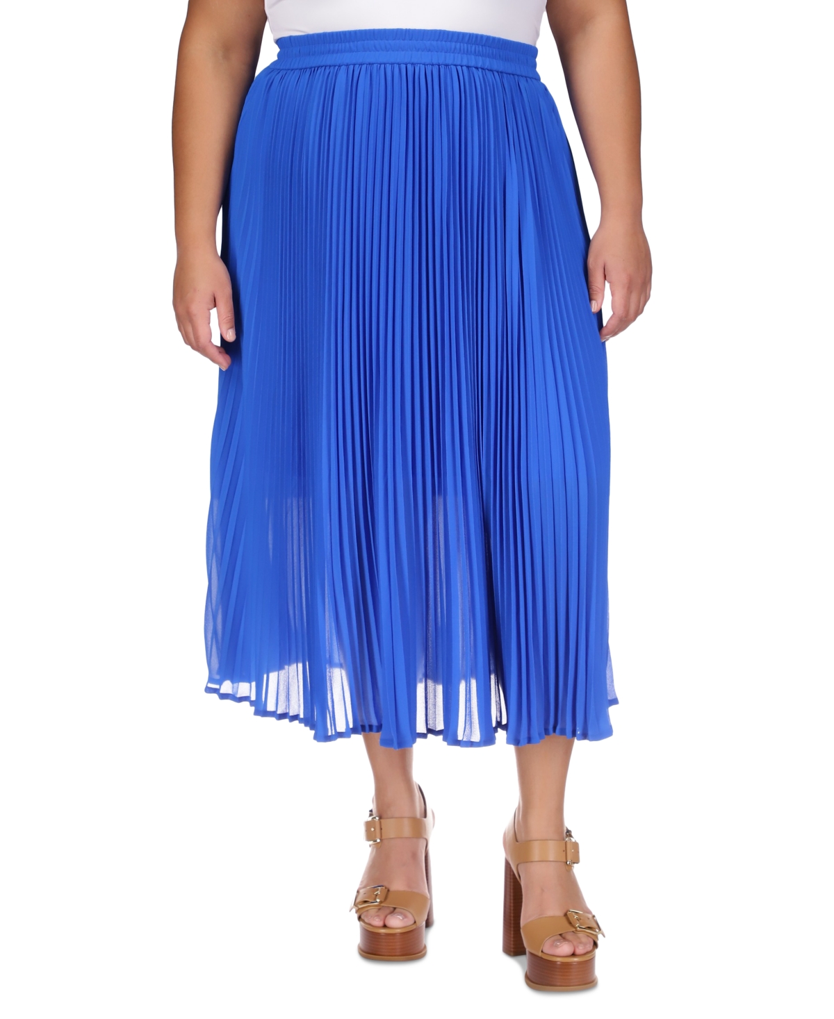 Shop Michael Kors Michael  Plus Size Pull-on Pleated Midi Skirt In Grecian Blue
