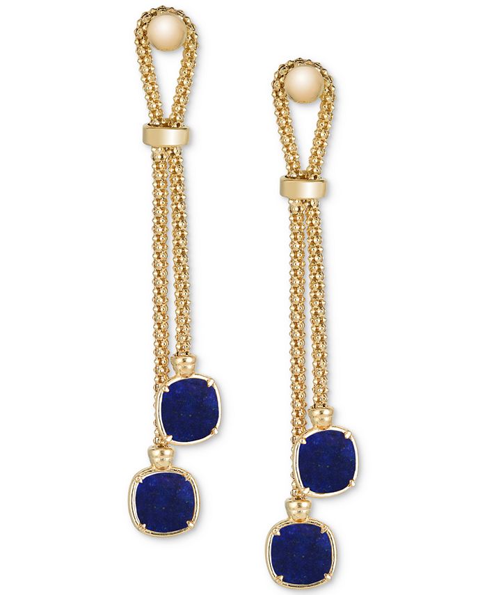 Lapis Lazuli Double Chain Drop Earrings in 14k Gold Plated Sterling Silver Also in Onyx Turquoise