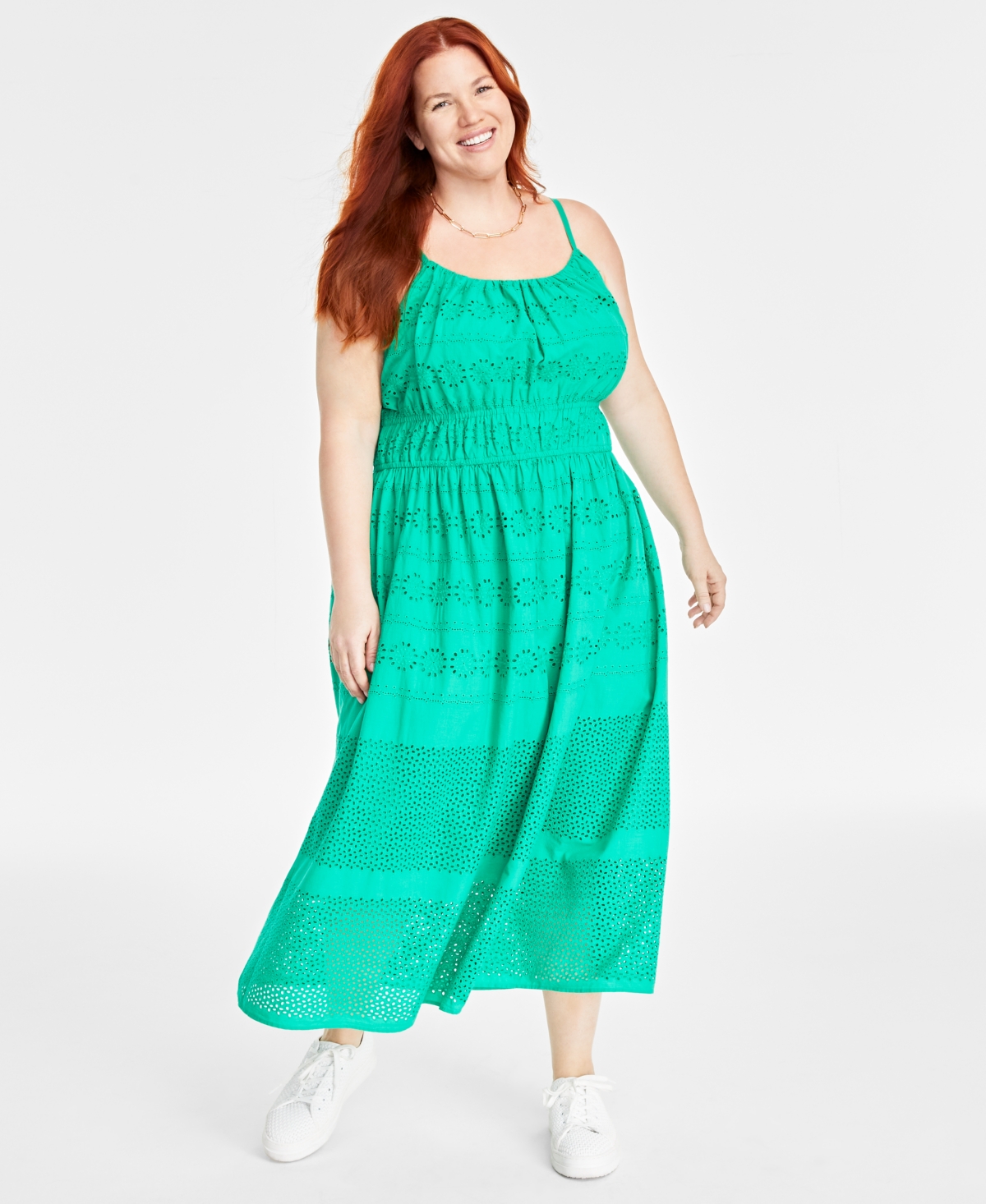 On 34th Trendy Plus Size Cotton Eyelet Smocked-waist Dress, Created For Macy's In Scuba Green