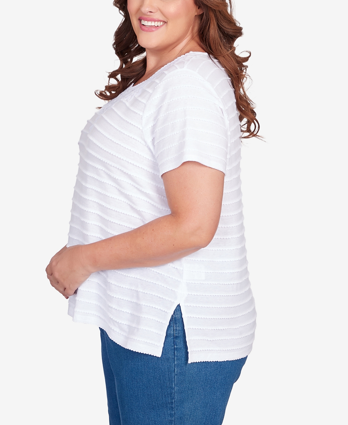 Alfred Dunner Plus Size Classic Neutrals Lace Neck Striped Split Hem T-shirt