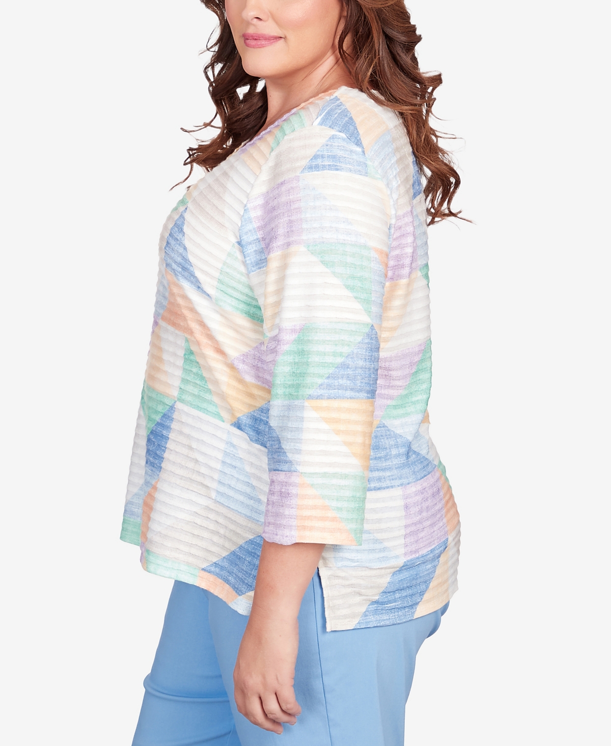 Alfred Dunner Plus Size Classic Pastels Textured Geo V-neck Top