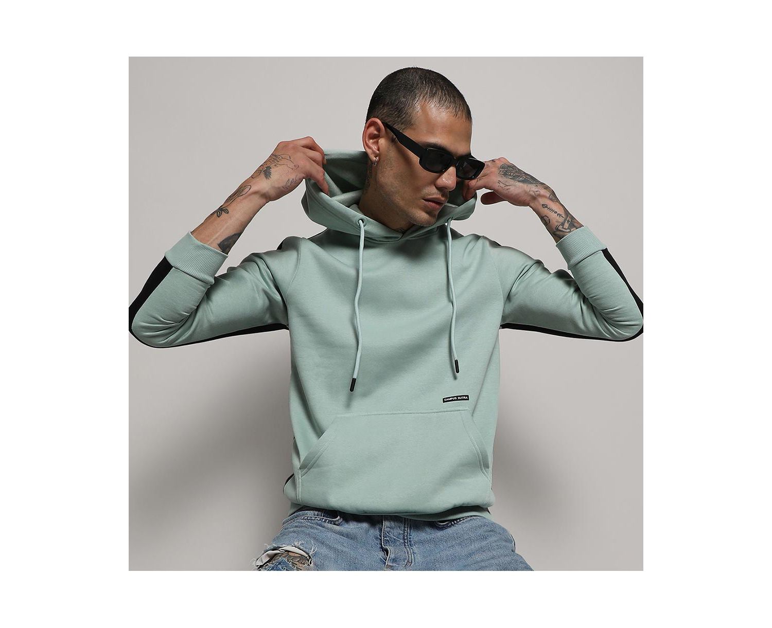 Men's Sage Green Pullover Hoodie With Contrast Back