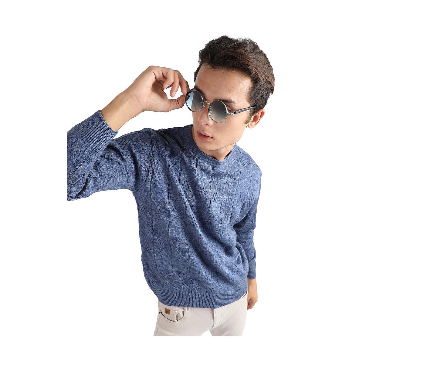 Мужской свитер Campus Sutra Blue Textured Knit Pullover, цвет: Синий — фото 3