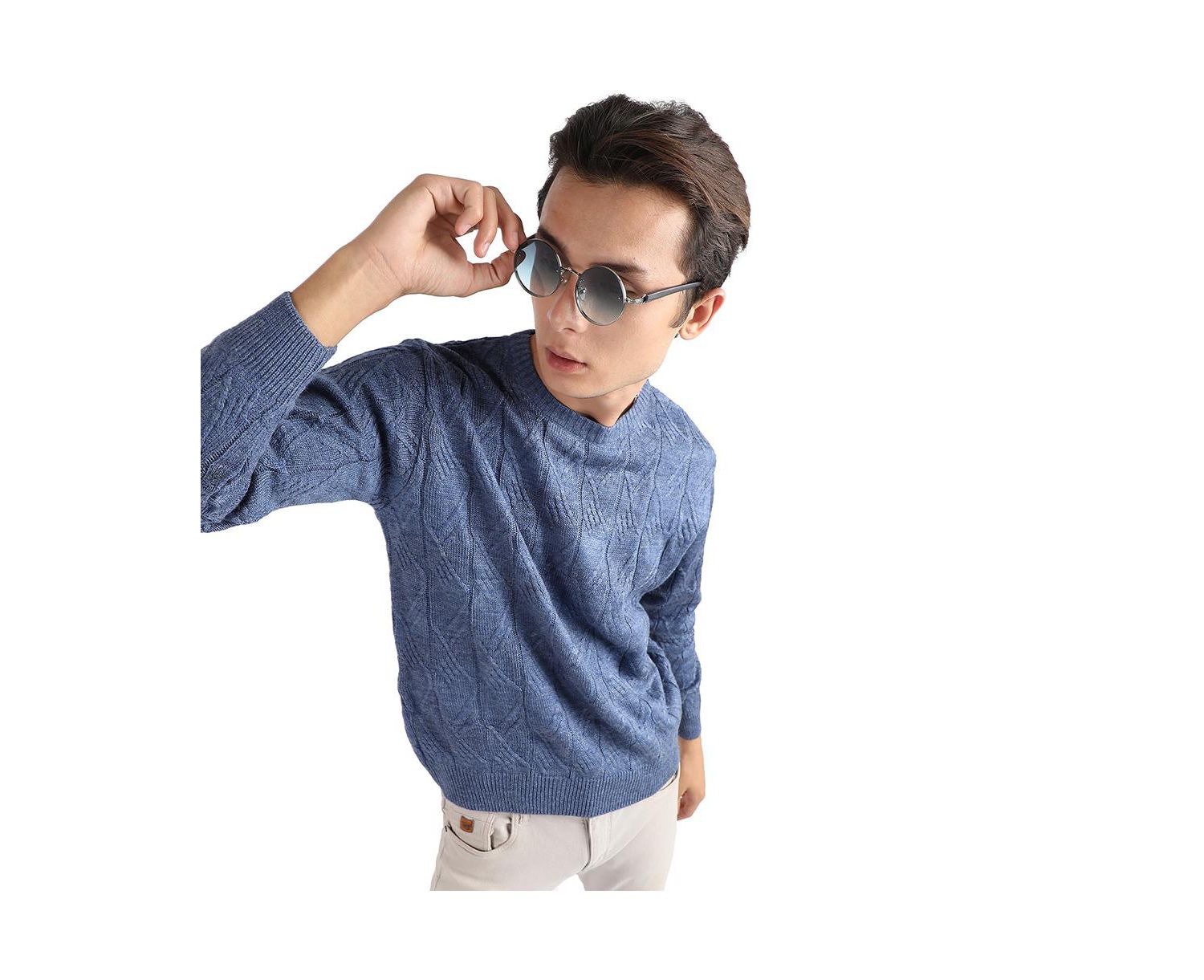 Men's Blue Textured Knit Pullover Sweater