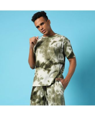 Men's Olive Green & White Tie-Dye Waffle Co-Ord Set