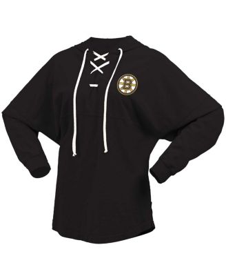 Women's Black Boston Bruins Jersey Lace-Up V-Neck Long Sleeve Hoodie T-shirt