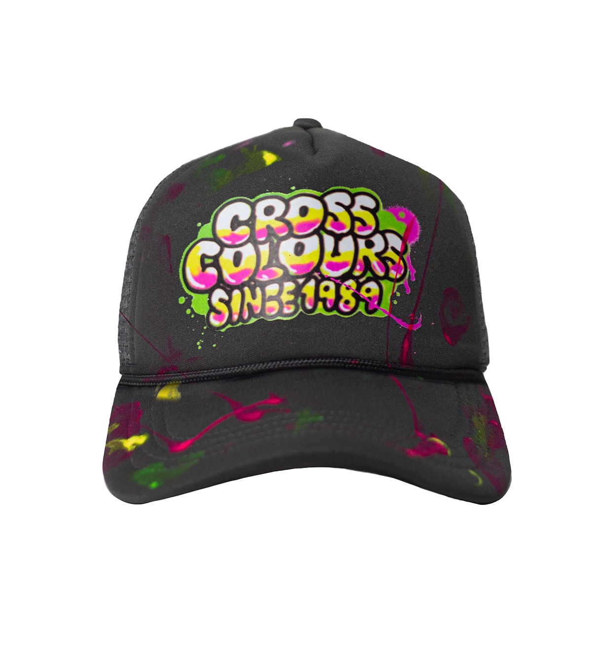 Cross Colors Since 1989 Airbrushed Trucker Hat with paint splatter. - Black