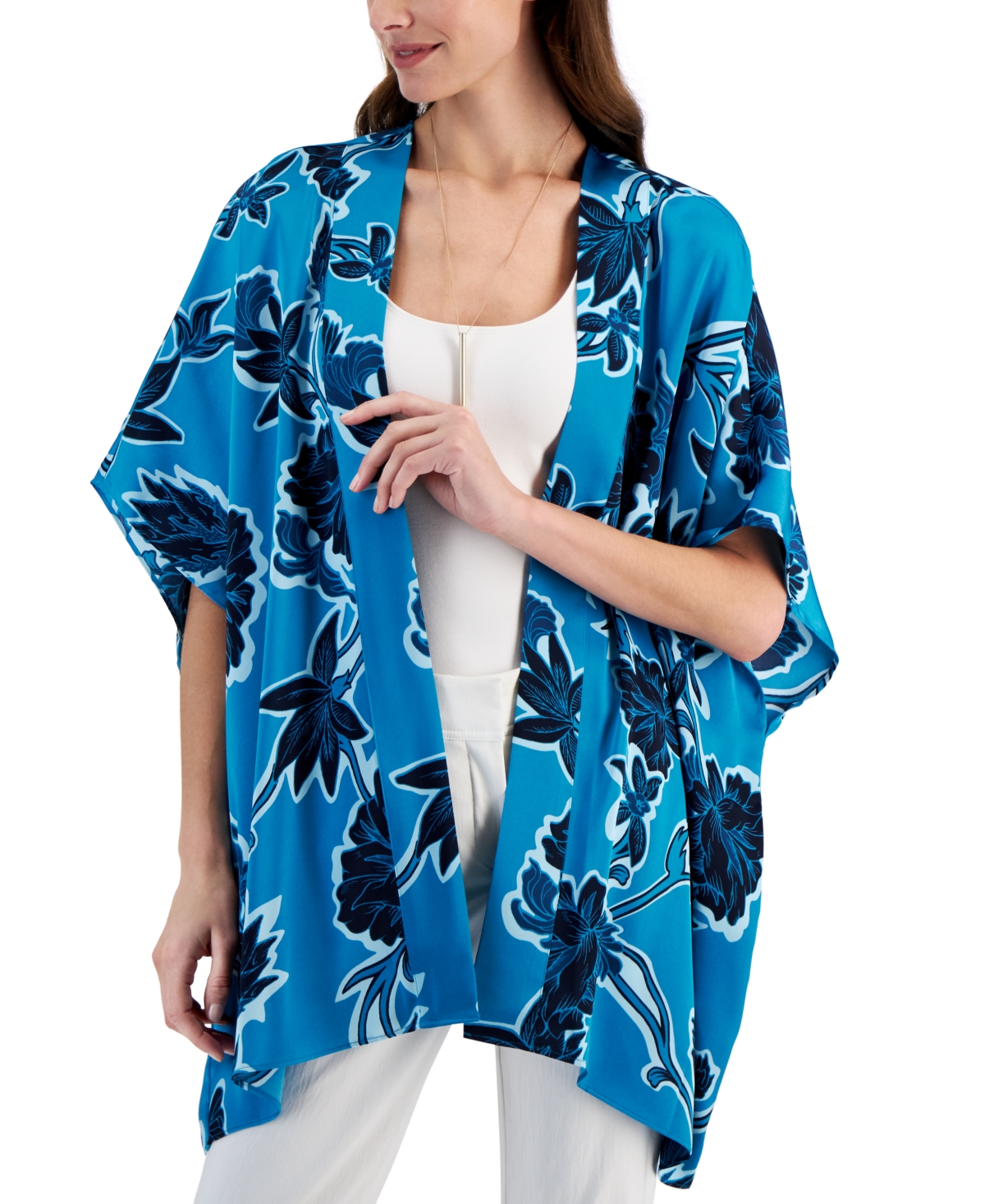 Women's Floral-Print Open-Front Kimono Jacket, Created for Macy's - Seafrost Combo