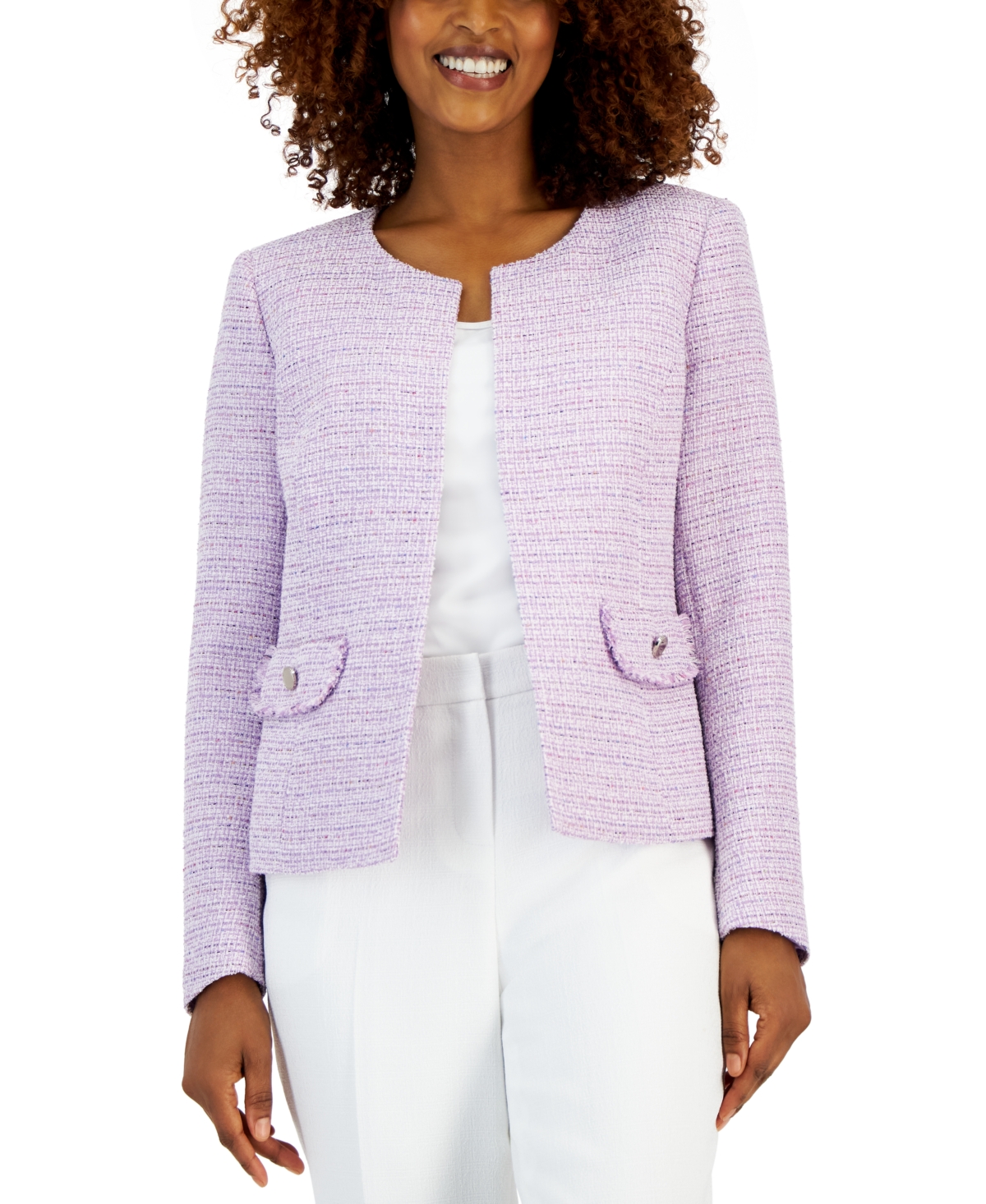 Shop Kasper Women's Tweed Fringe-trim Collarless Jacket In Lavender Mist Multi