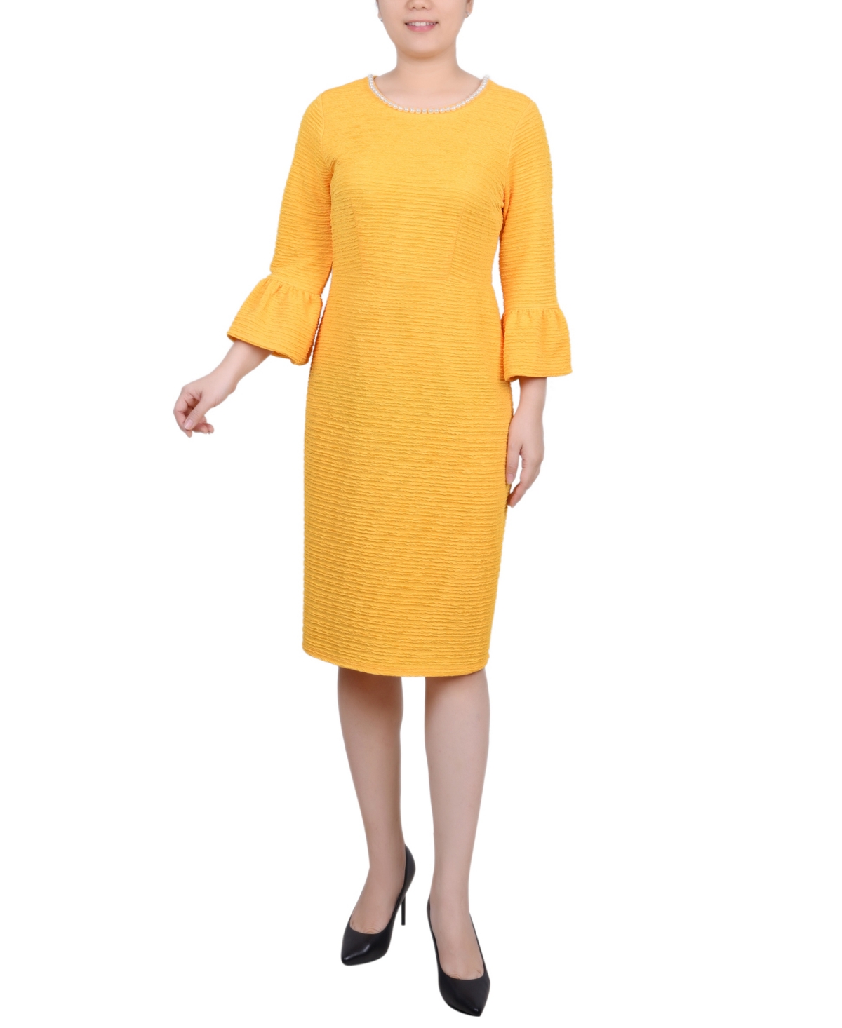 Ny Collection Petite 3/4 Length Imitation Pearl Detail Dress In Lemon