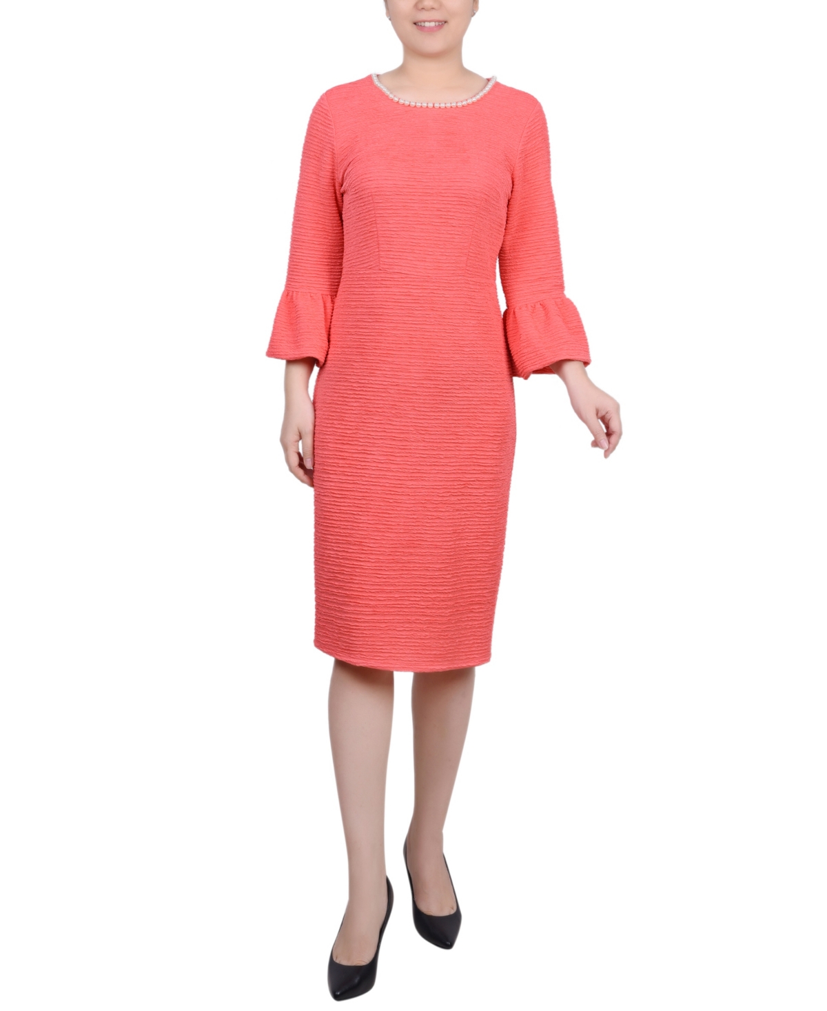 Ny Collection Petite 3/4 Length Imitation Pearl Detail Dress In Coral