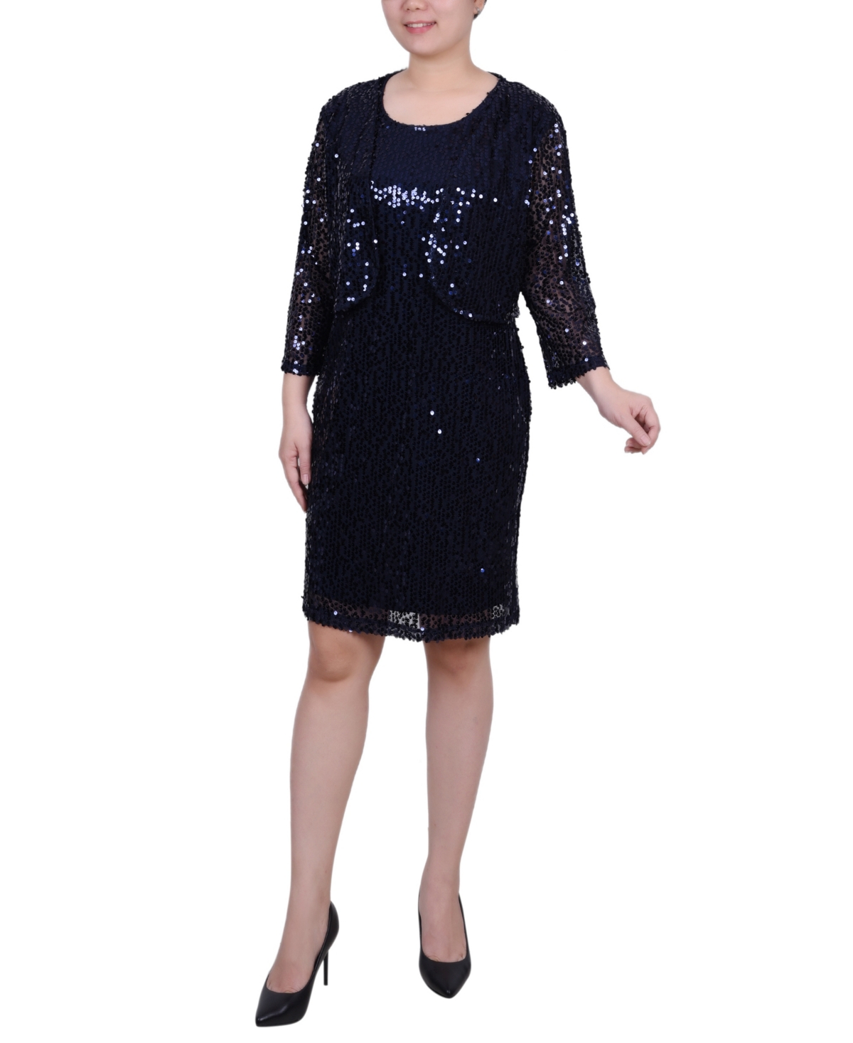 Ny Collection Women's Sequined Bolero Jacket And Dress, 2 Piece Set In Navy