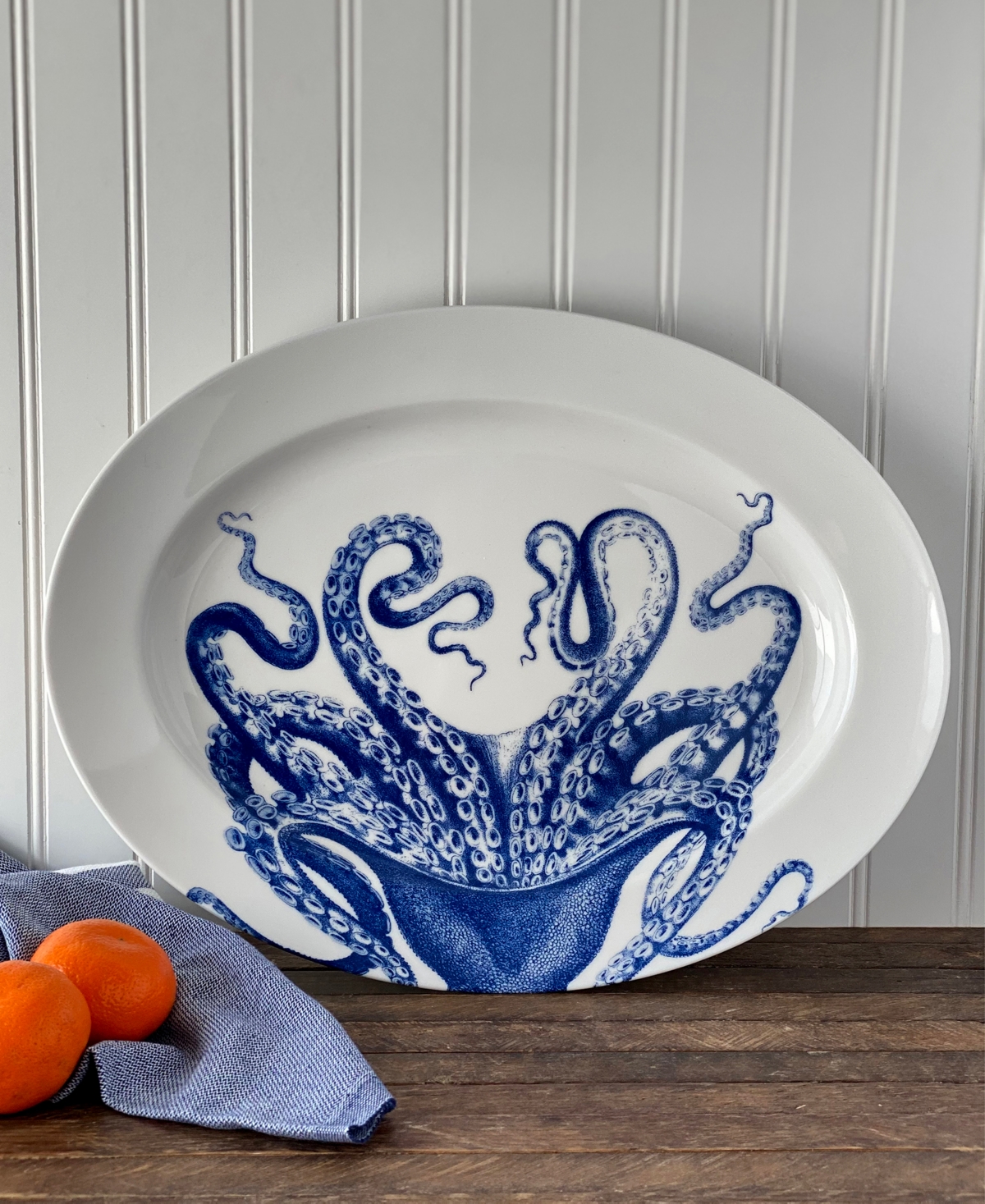 Caskata Lucy Octopus Large Rimmed Oval Platter In Blue On White