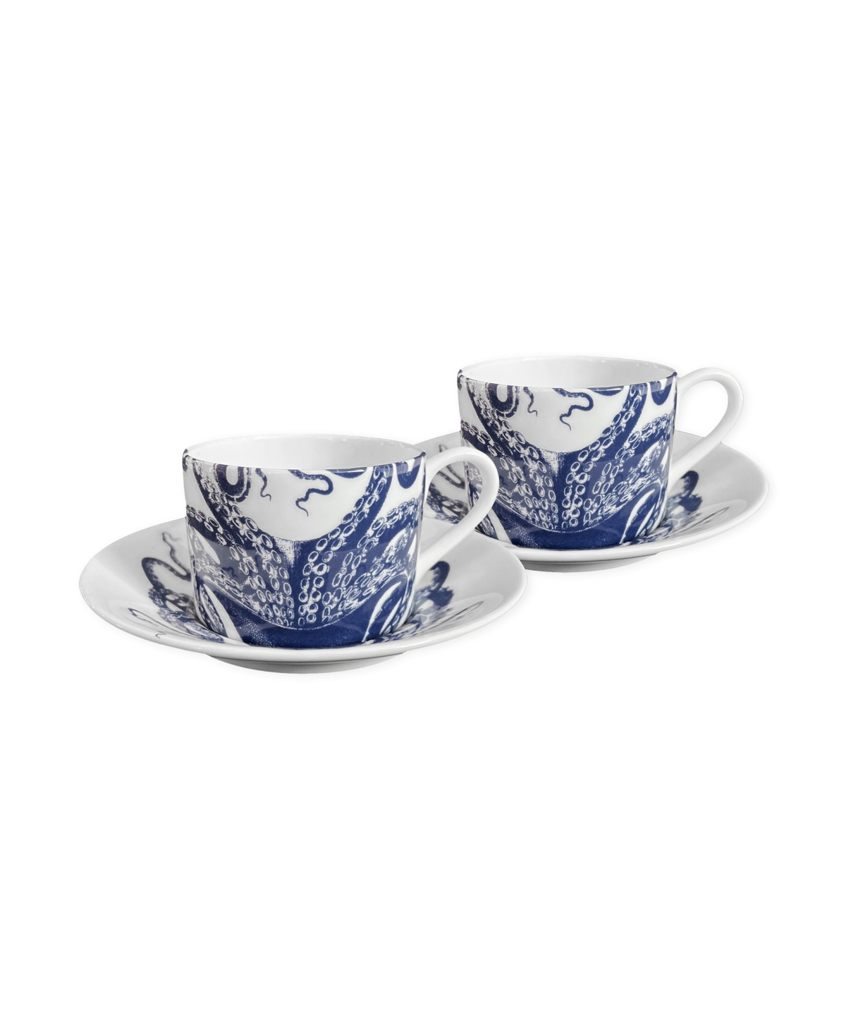Lucy Octopus Cup and Saucer 6 oz, Set of 2 - Blue on White