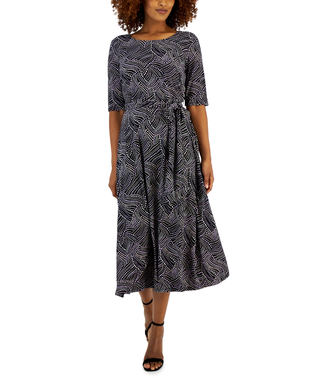 Kasper Women's Printed Belted Elbow-sleeve Midi Dress In Black,lavendar Mist Multi