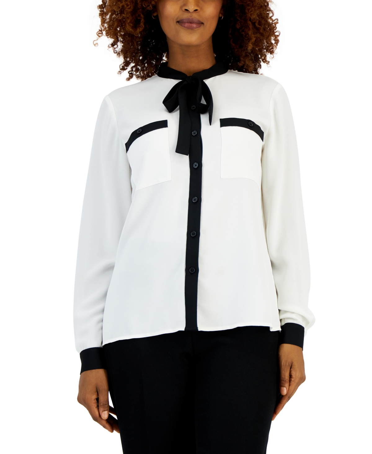 Kasper Women's Contrast-trim Tie-neck Long-sleeve Blouse In Vanilla Ice,black