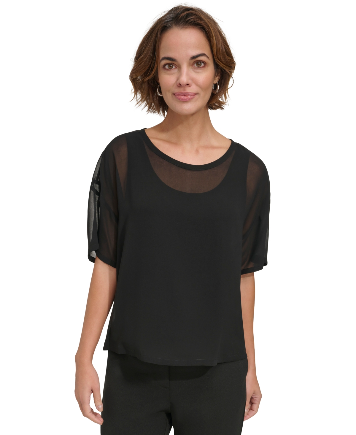 Dkny Women's Chiffon Short-sleeve Top In Black