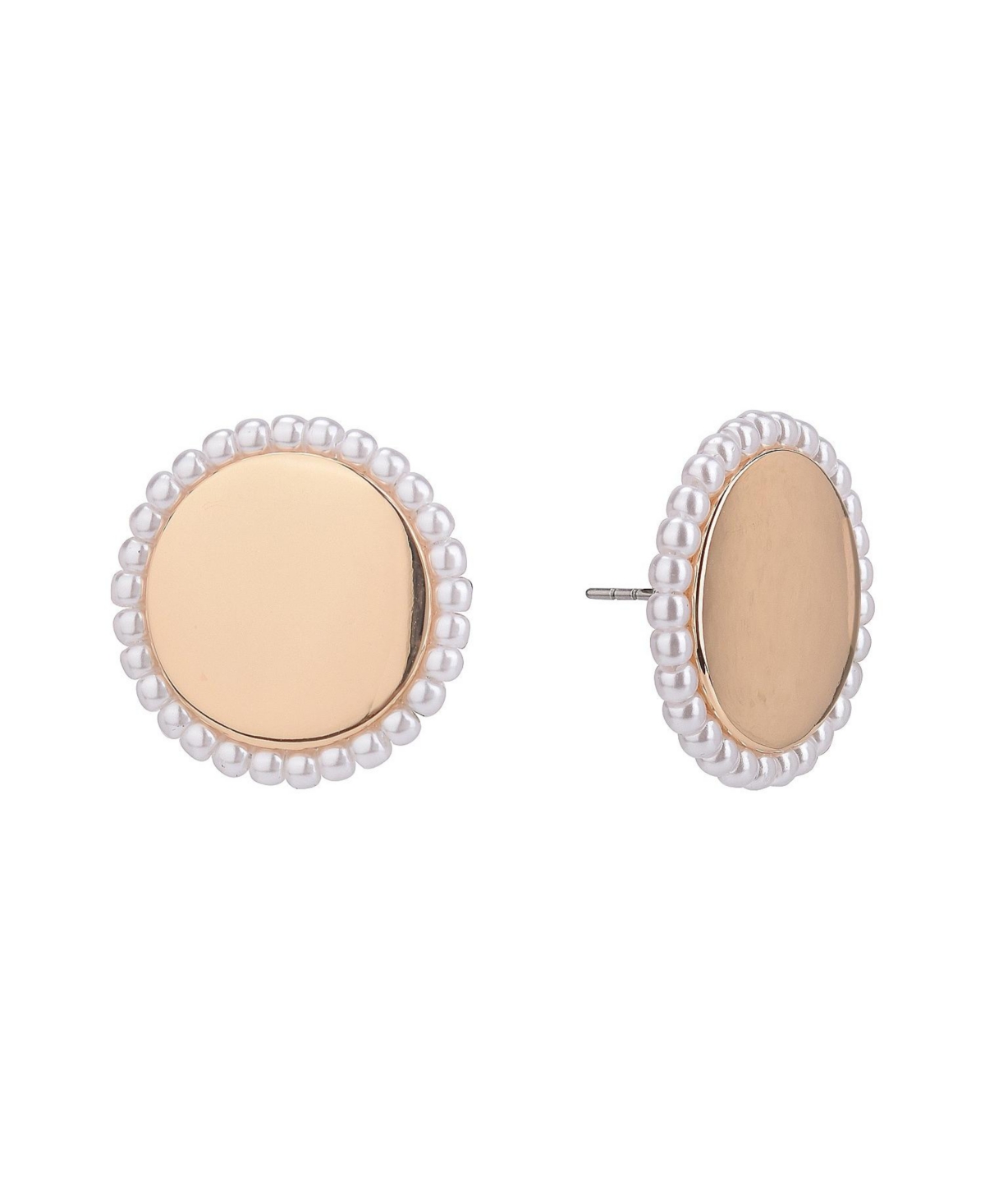 Round Button Earrings with Pearl Accents - Gold