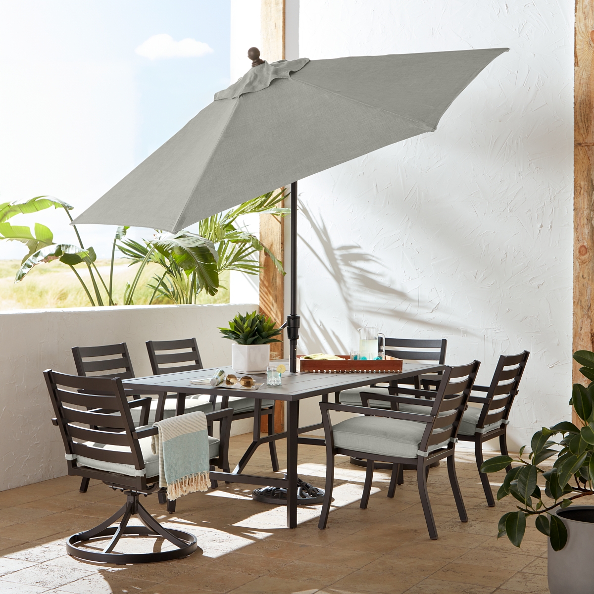 Shop Agio Astaire Outdoor 9' Umbrella + Umbrella Base In Oyster Light Grey