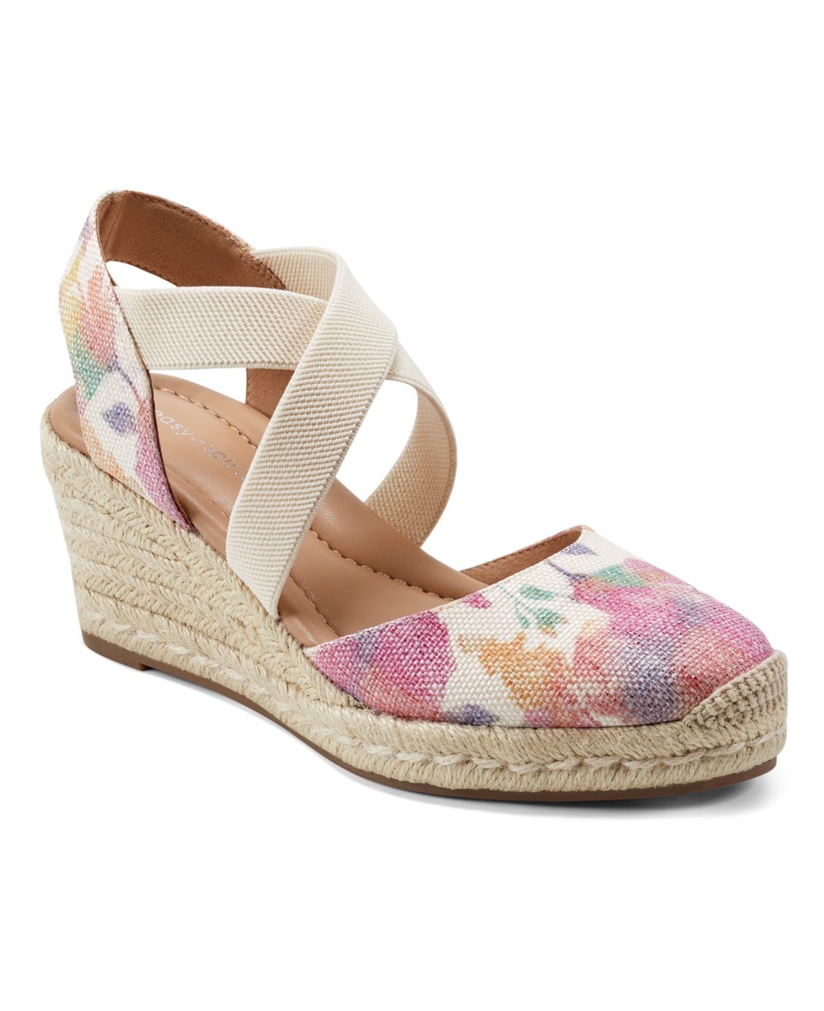 Easy Spirit Women's Meza Casual Strappy Espadrille Wedges Sandal In Ivory,pink Floral Multi- Manmade,texti