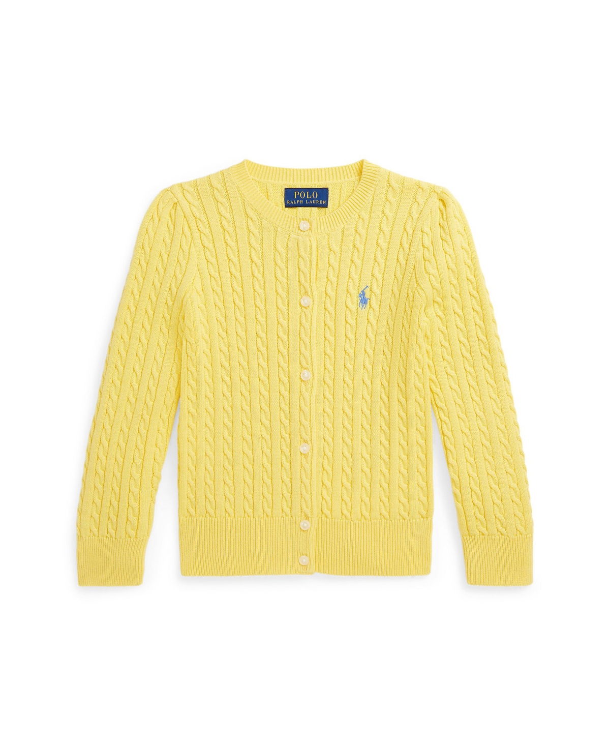 Shop Polo Ralph Lauren Toddler And Little Girls Mini-cable Cotton Cardigan Sweater In Oasis Yellow With Dusty Blue