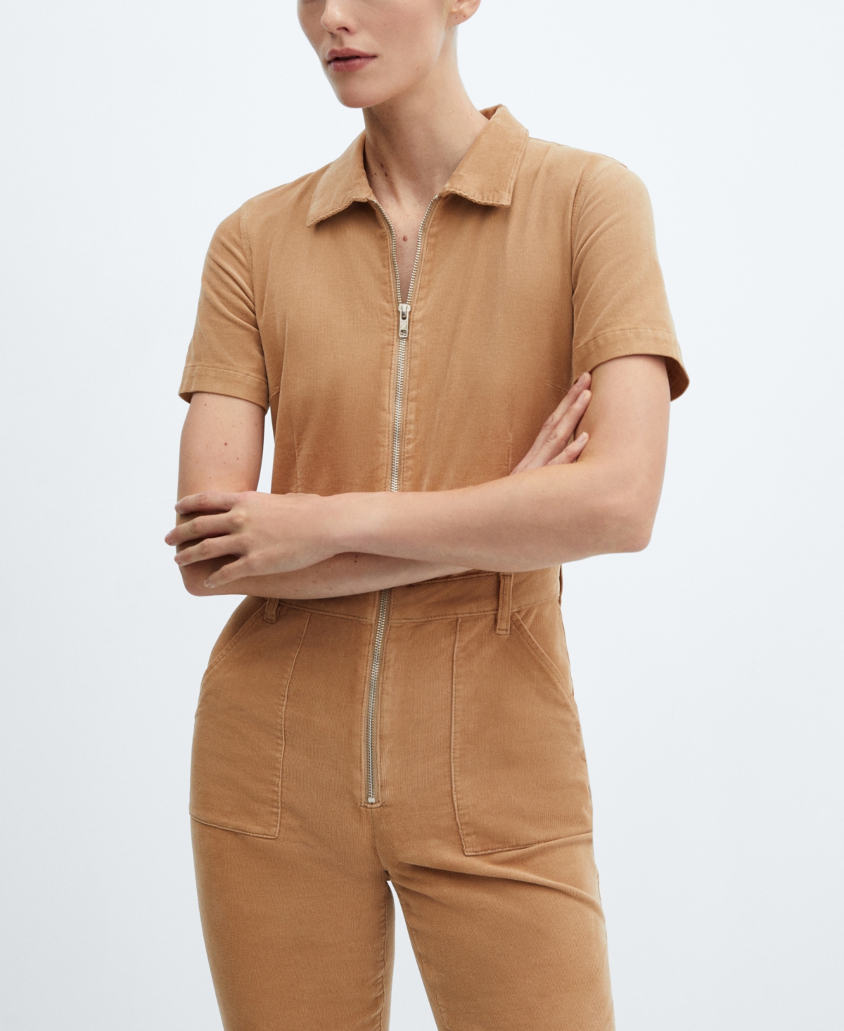 Shop Mango Women's Zipper Detail Corduroy Jumpsuit In Medium Brown