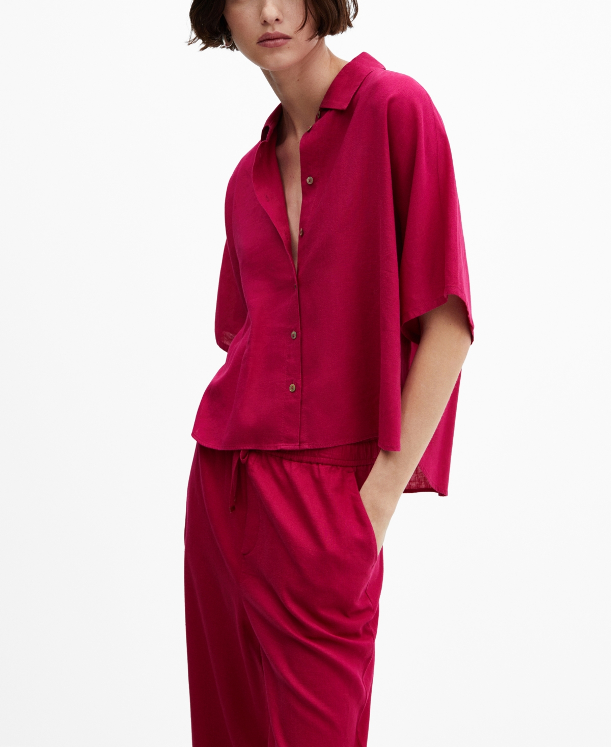 Shop Mango Women's Short Sleeve Linen-blend Shirt In Fuchsia