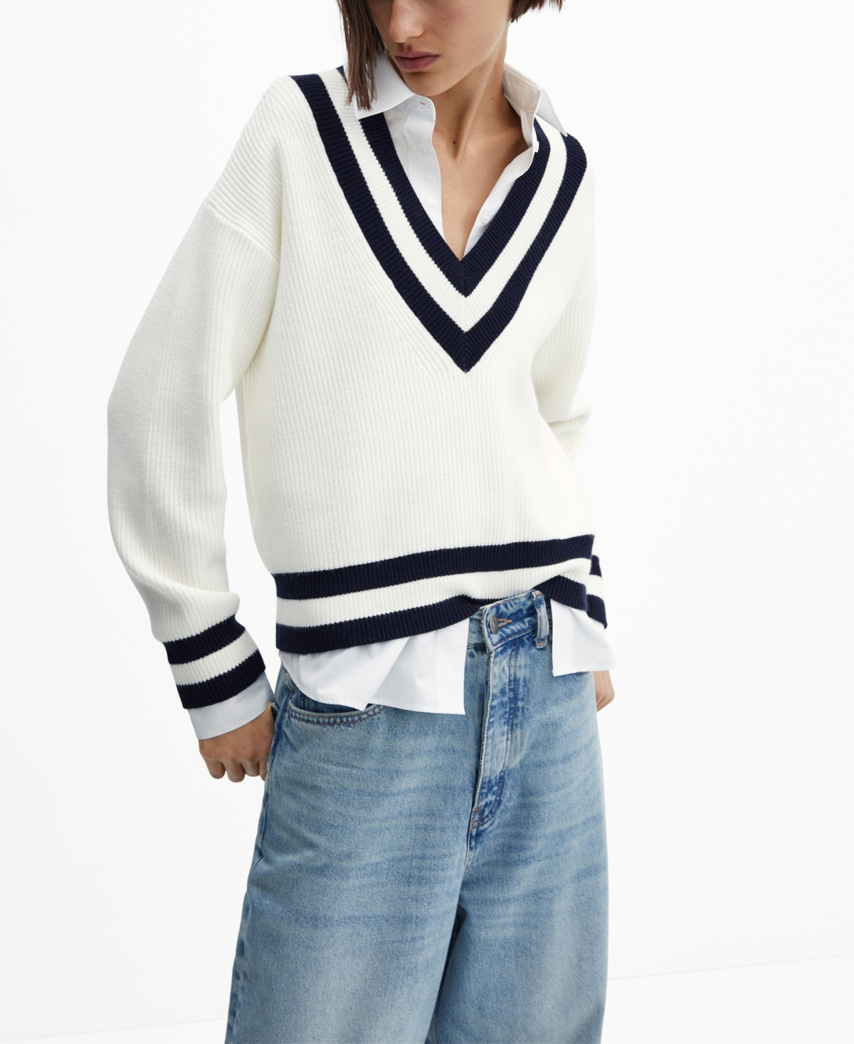 Shop Mango Women's Contrasting V-neck Sweater In Ecru