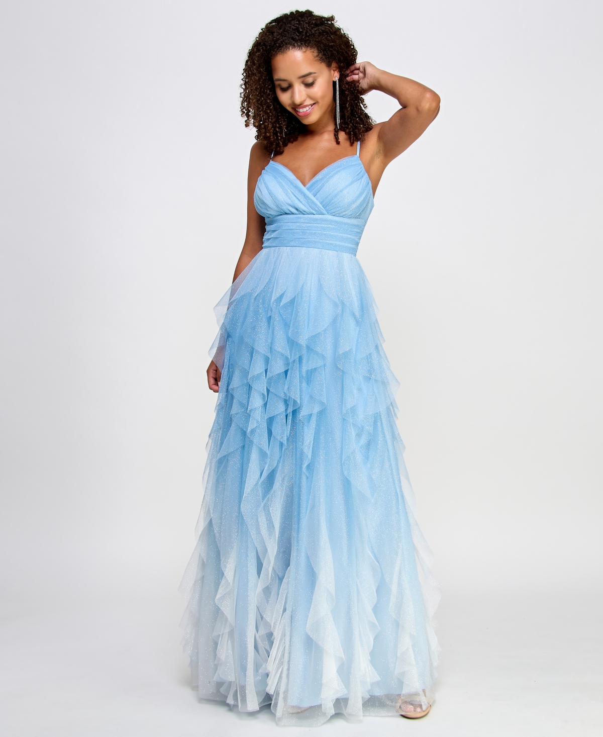 Juniors' Ombre Glitter Ruffled Gown - Sky/Snow