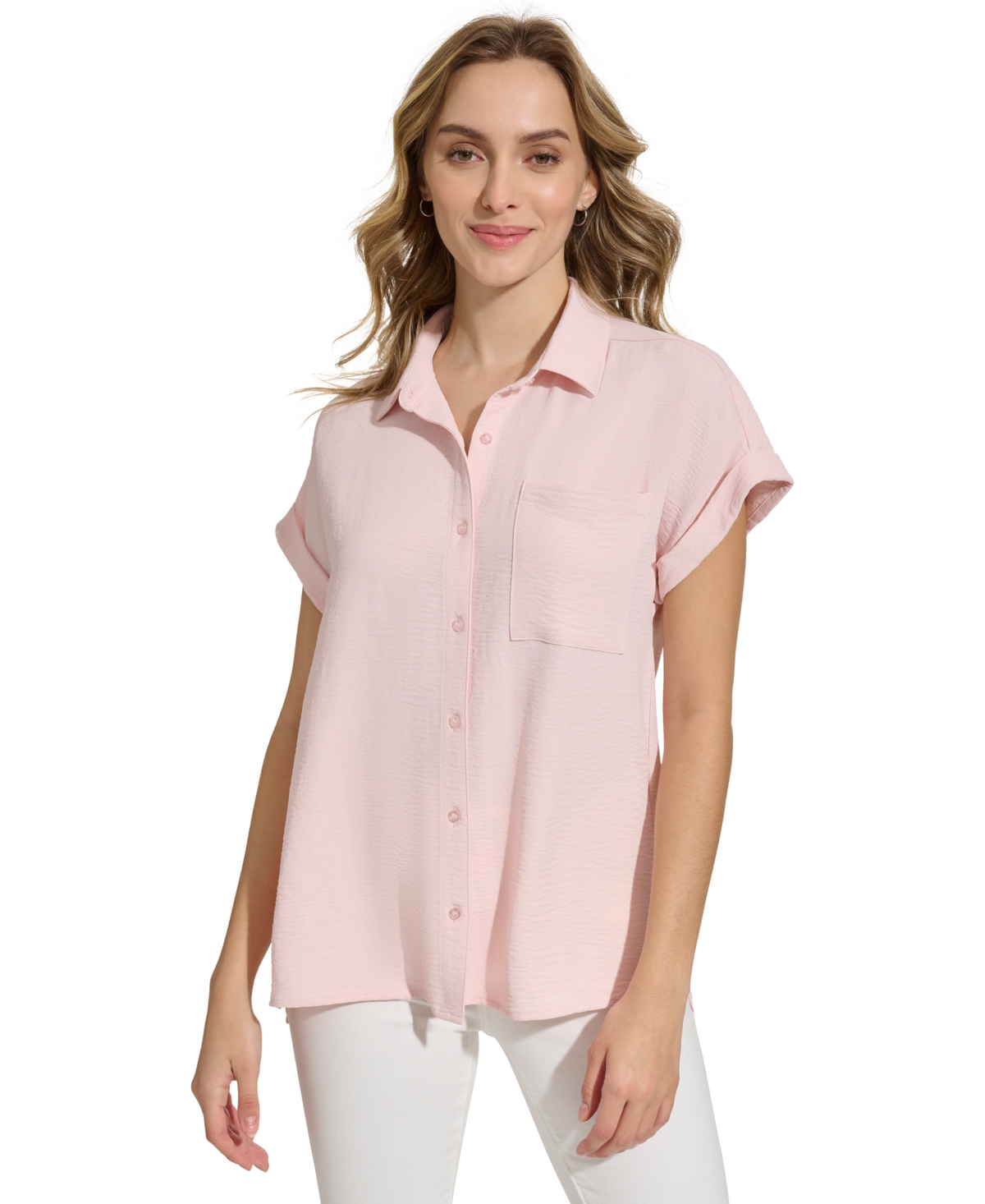 Calvin Klein Short Sleeve Button Down Shirt In Silver Pink