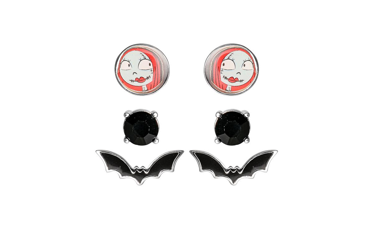 The Nightmare Before Christmas Silver Flash Plated Stud Earring Set, Sally, Bat, Black Crystal - 3 Pairs - Silver tone, red, black