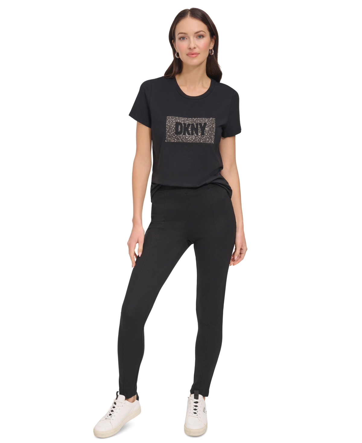 Dkny Women's Studded-logo Crewneck Short-sleeve Top In Black