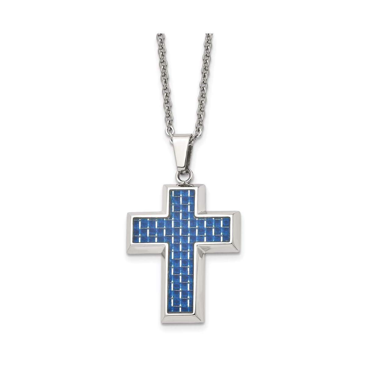 Blue Carbon Fiber Inlay Cross Pendant Cable Chain Necklace - Silver