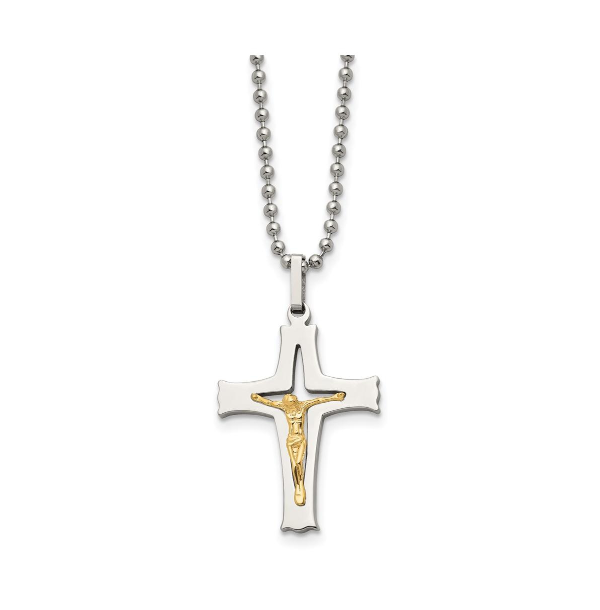 14k Gold tone Accent Crucifix Pendant Ball Chain Necklace - Silver