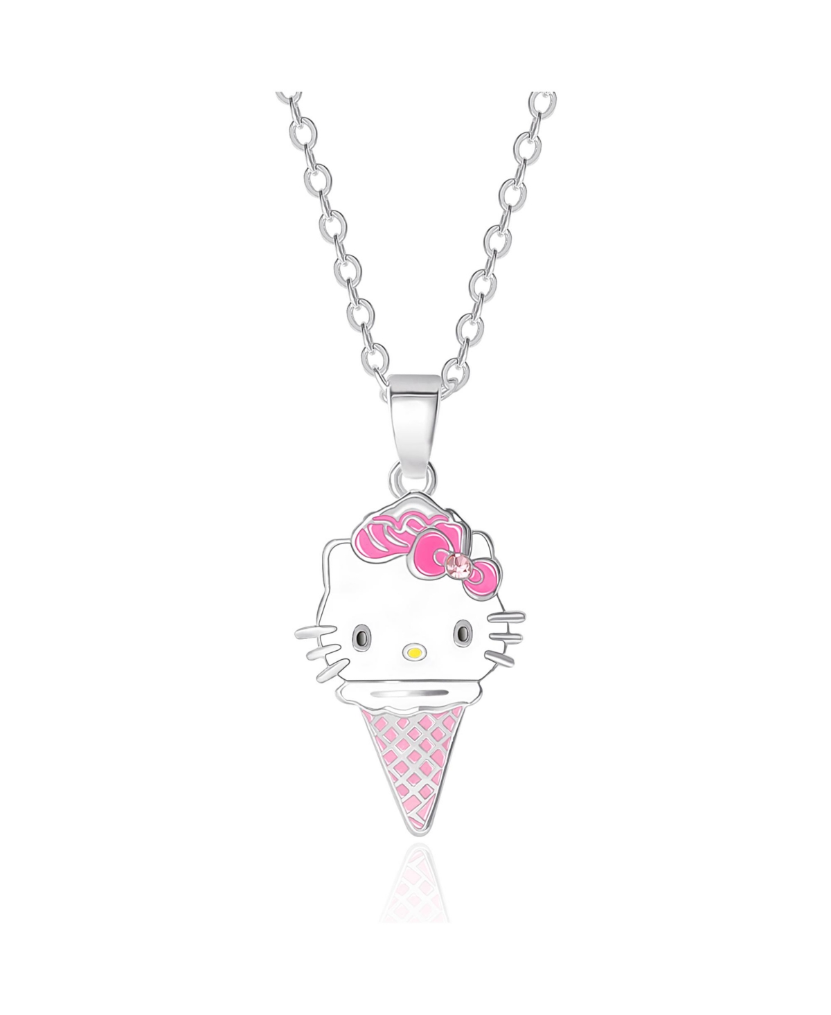 Sanrio Enamel and Pink Cyrstal Cafe 3D Ice Cream Cone Pendant, 16+ 2'' Chain - White, pink