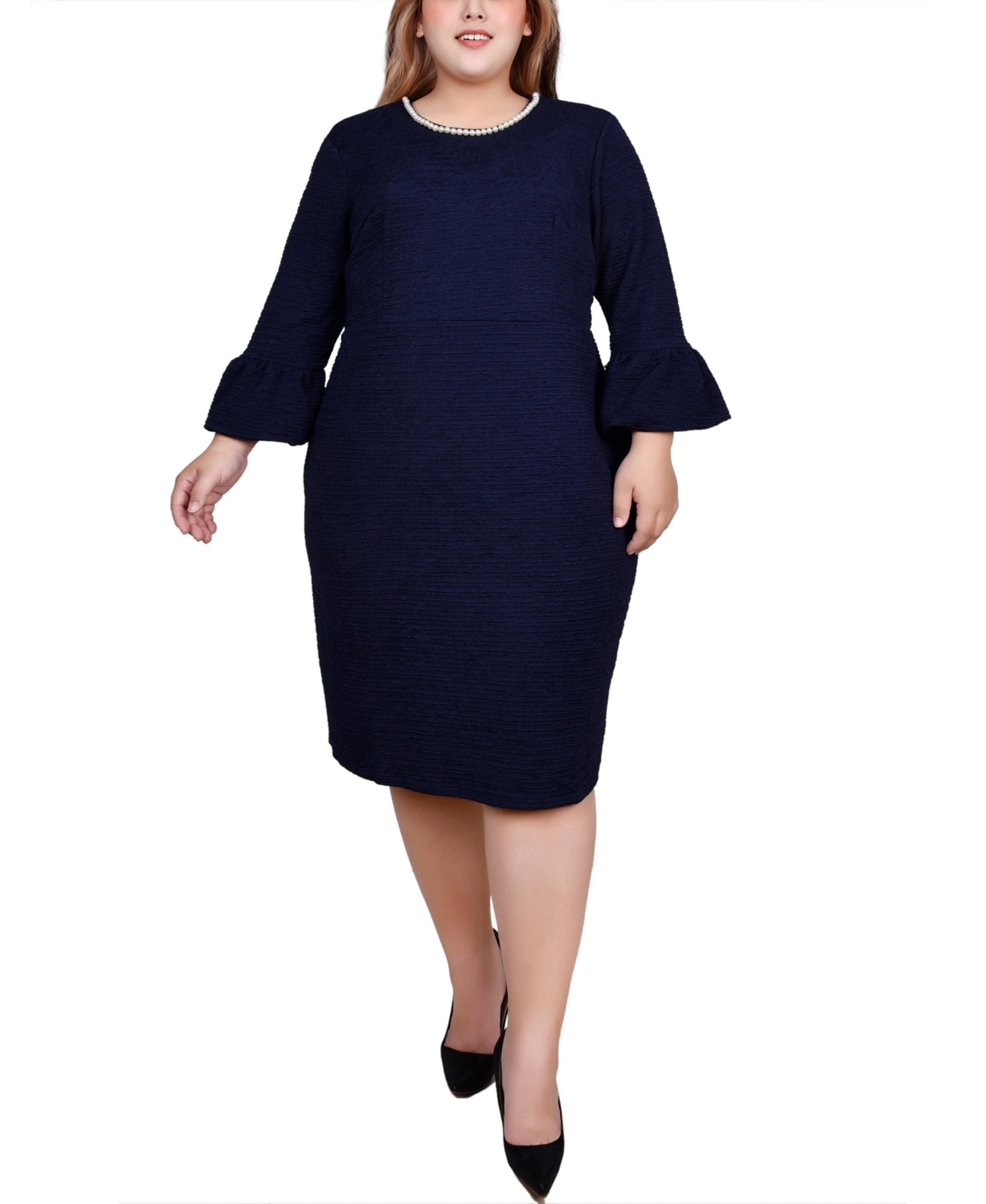 Plus Size 3/4 Length Imitation-Pearl Detail Dress - Lemon