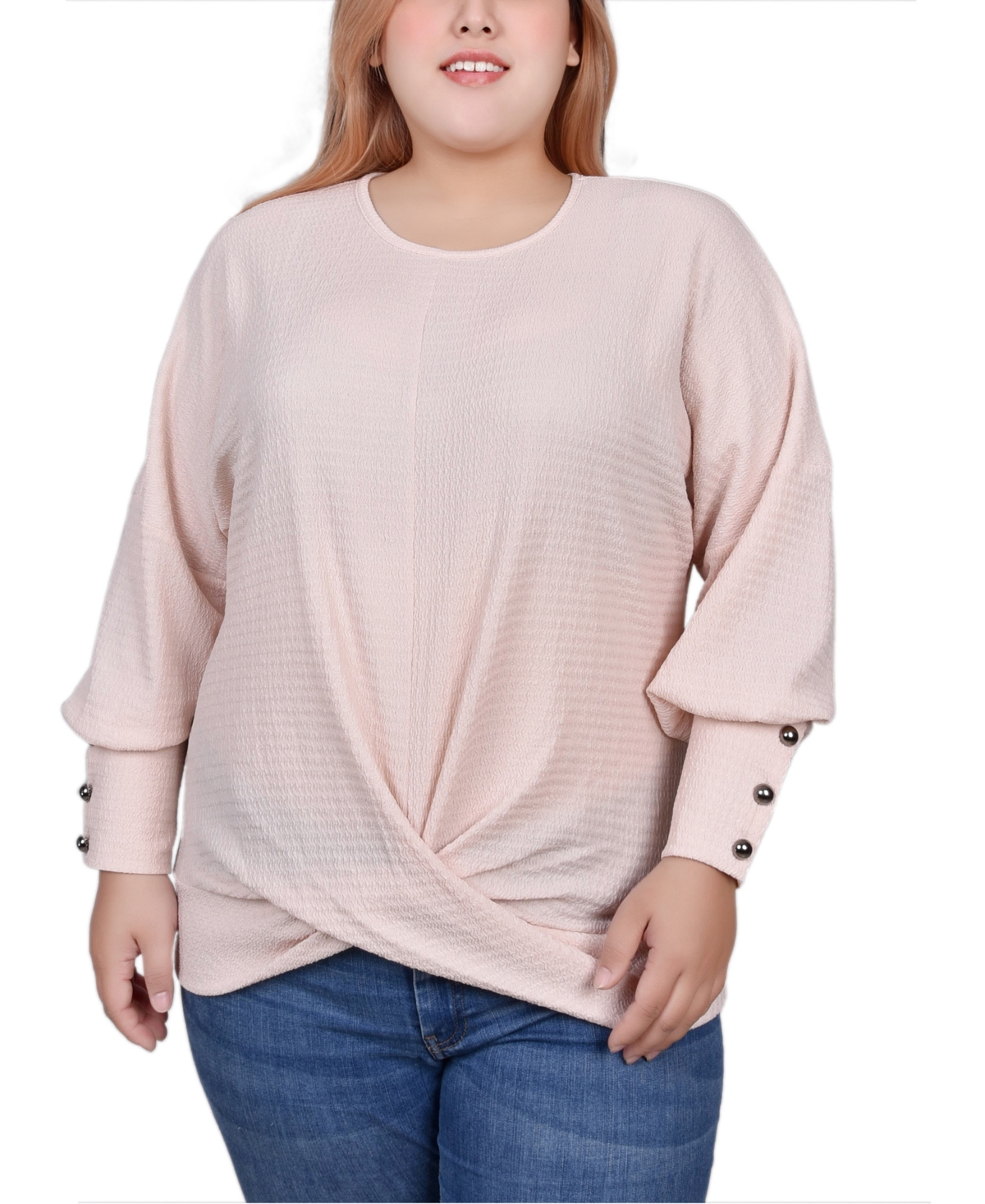 Ny Collection Plus Size Long Sleeve Textured Knit Top In Shell Pink