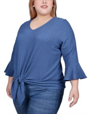 Plus Size 3/4 Bell Sleeve Textured Knit Top