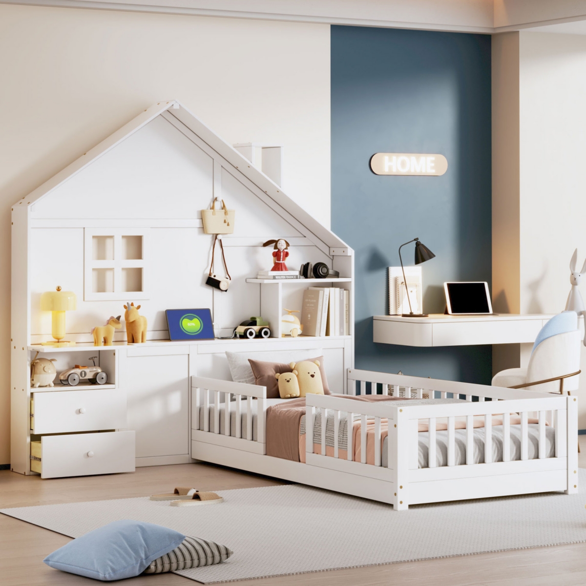 Twin House Bed: Window, Drawers, Shelves, Usb