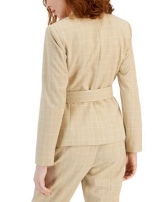 Women's Asymmetrical-Hem Windowpane Belted Blazer