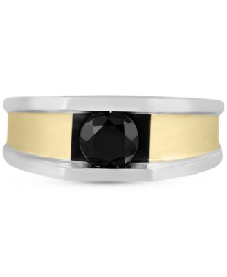 Macy's Mens Two Tone Black Diamond Concave Ring Collection In Sterling Silver 14k Gold Plate In Two-tone